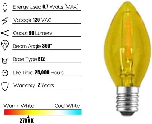 2 Pack C7 Bulbs,E12 Yellow LED Replacement Christmas Light Candelabra Base, Shatterproof Plastic, for Christmas Outdoor