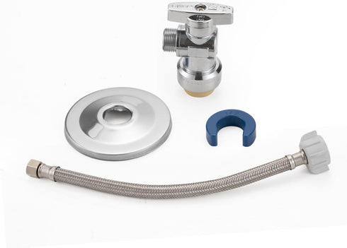 Toilet Water Supply Line Kit, 1/4 Turn 1/2 Inch Angle Push Fit Stop & 12" Stainless Steel Flexible Connector
