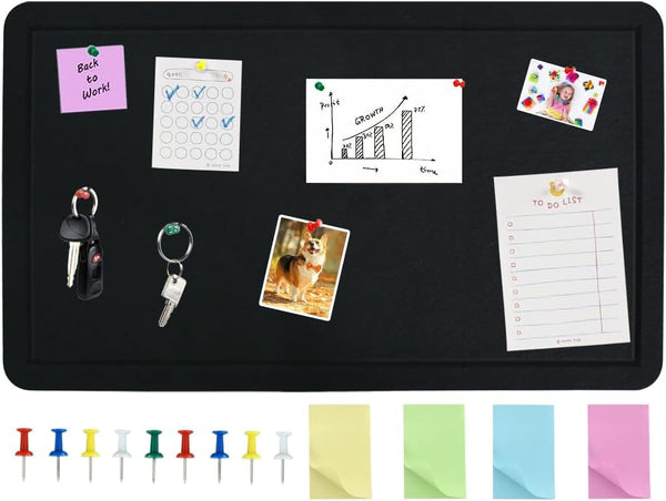 Black 28"x16" Large Cork Board with 50 Push Pins & Sticky Notes, Self-Adhesive for Wall, Felt Pin Board for Home