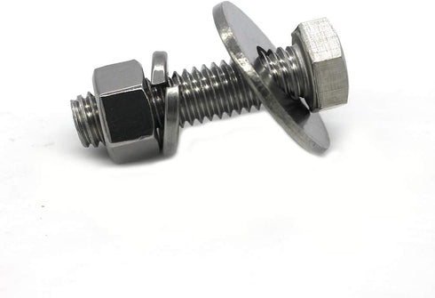 (6 Sets) 3/8-16x1-3/4 Stainless Steel Hex Head Screws, Bolts, Nuts, Flat & Lock Washers, 18-8 (304) Fully Threaded by