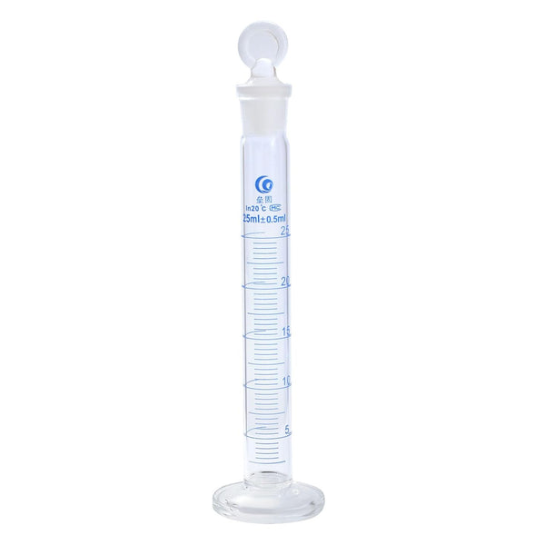 PATIKIL 25ml Graduated Cylinder, 3.3 Borosilicate Glass with Stopper, Clear, Blue Graduations for Lab Use