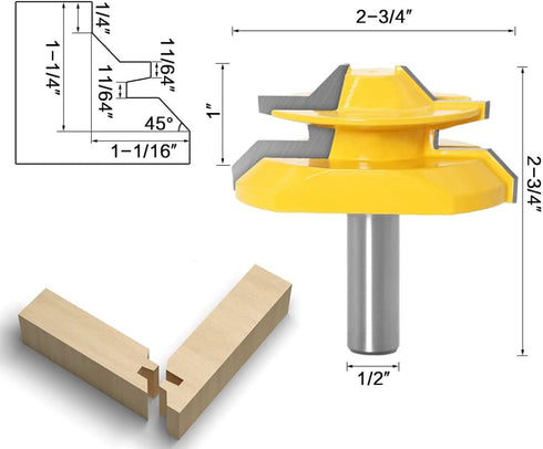 1/2" 45 Set, 3 Router Bit Degree Glue Joint Lock Miter, APlus Woodworking Cutter Tools Pcs