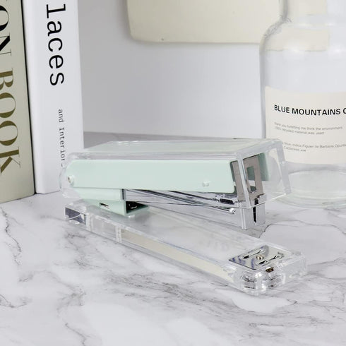 Mint Green Desk Stapler, Large Capacity Non-Slip Clear Acrylic Body, No-Jam Desktop Stapling Tools for Office Home