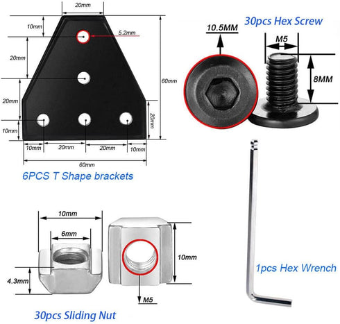 6Sets 2020 Corner Bracket Connectors 5 Hole T Shape Joint Plates for 2020 Series 6mm Slot Aluminum Extrusion
