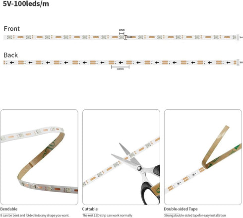 3.2FT WS2812B WS2812 3mm Strip,DC5V 100LEDs/m Ultra Narrow LED Individually Addressable Dream Color Flexible Smart
