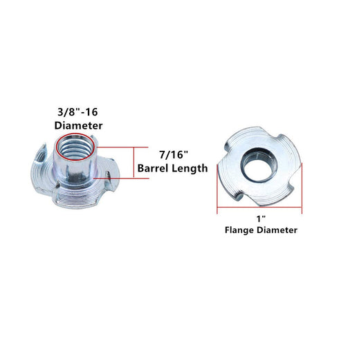 Eowpower 30 Pieces 4 Pronged Zinc Plated Tee T Nut, 3/8"-16 x 7/16 inch