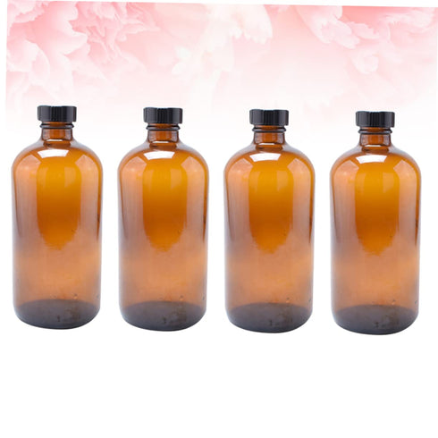Set 4 of Refillable Amber Glass Boston Round Bottles for Mouthwash and Syrup