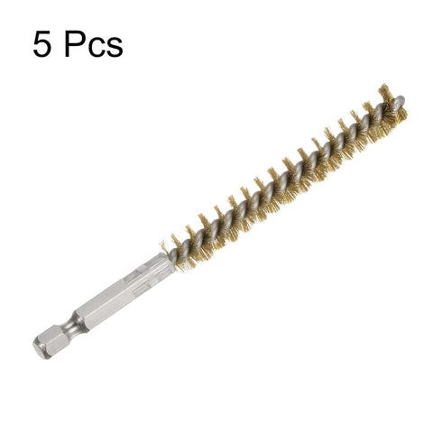 5Pcs Bore Brush Brass 10mm Dia Cleaning Twisted Bronze Wire Brush with Handle, 1/4 Inch Hex Shank