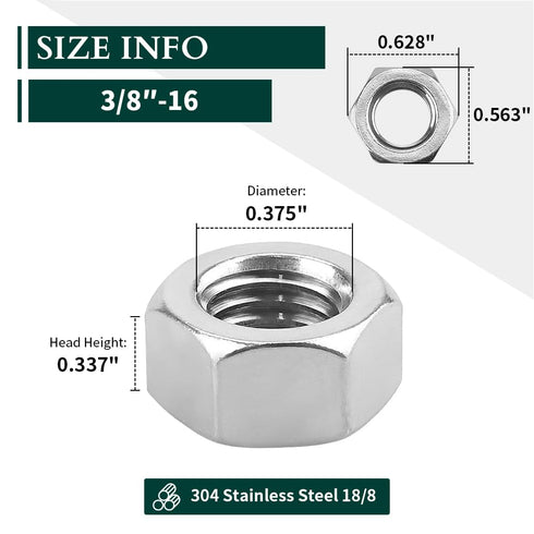 3/8"-16 Stainless Steel Hex Nuts - Bright Finish, 304 Stainless Steel 18-8 - 25 PCS