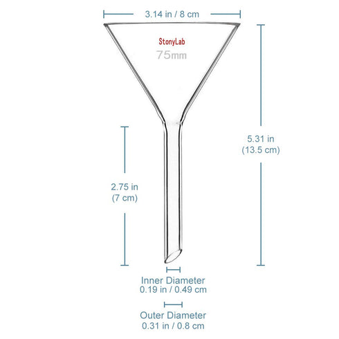 StonyLab 2-Pack Heavy Wall Borosilicate Glass Funnel, Short Stem 75mm Diameter