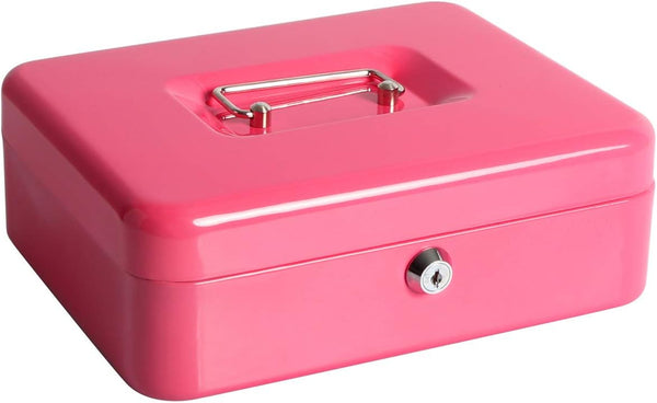 Cash Box with Money Tray, Large Money Box with Key Lock, 9.8 x 7.9 x 3.5 inches, Pink