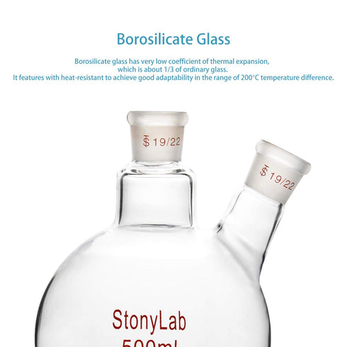 StonyLab Glass 500ml Heavy Wall Round Bottom Flask RBF, 19/22 Center and Side Standard Taper Outer Joint