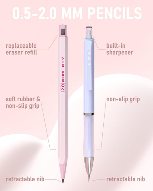 Nicpro 22PCS Pastel Mechanical Pencils Set with Case, 0.5, 0.7, 0.9 mm, 2mm Lead Holders, 11 Tube Lead Refills & 3