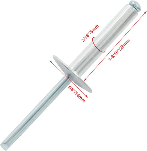 60 Pcs 3/16" x 1-3/16" Large Flange Aluminum Blind Rivets, Dome Head Pop Rivets for Installing Accessories, Silver