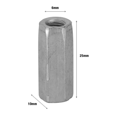 10pcs M6 Long Nut Hex Coupling Nut, Female Thread Straight Fitting, Zinc Plated for Ship (M6*25mm)