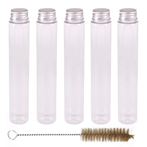 15 Pack 100ml Clear Plastic Test Tubes with Screw Caps, 1 Cleaning Brush, Gumball Candy Tubes for Wedding Party Décor