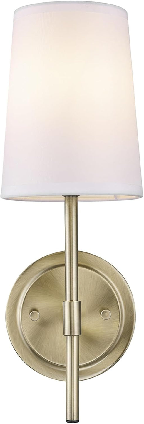 51861 1-Light Bulb Globe Electric Clarissa Wall Sconce, Matte Brass, White Fabric Shade, Not Included