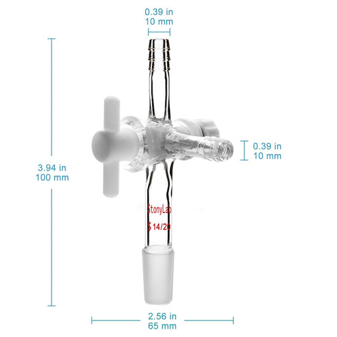 StonyLab Vacuum Glass 3-Way Flow Control Adapter, Borosilicate Glass Adapter with Standard 14/20 Taper Joint and PTFE