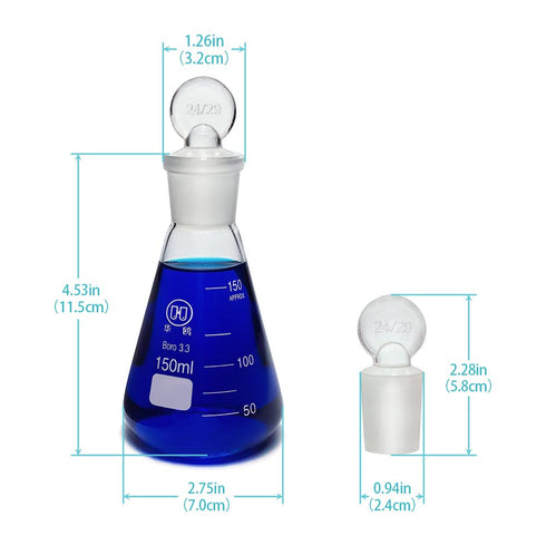 Scientific 150ml Erlenmeyer Conical Flasks Set - Graduated 3.3 Borosilicate Glass with Ground Glass Stoppers, Pack of 3