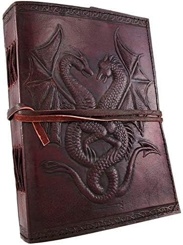 AzureGreen DOUBLE DRAGON Handcrafted Leather BOOK, Unlined Blank Page JOURNAL, 5 x 7 (Medium, Large Brown 8"x6")
