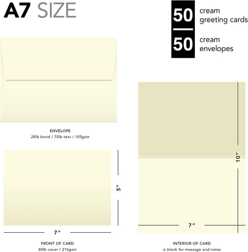 5" 7" Set A7 50 Pack x Blank Ivory Greeting Cards - Heavyweight Cream Foldover Cards and Envelopes for Wedding