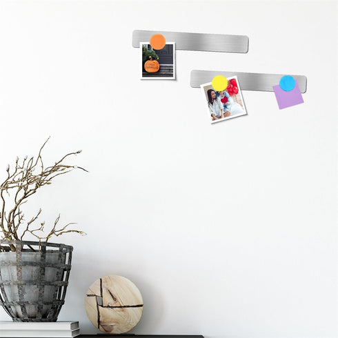 Magnetic Bulletin Strips 5PCS Self Adhesive Frameless Stainless Iron Bar with 10 Magnetic Buttons for Memo Photo Notes