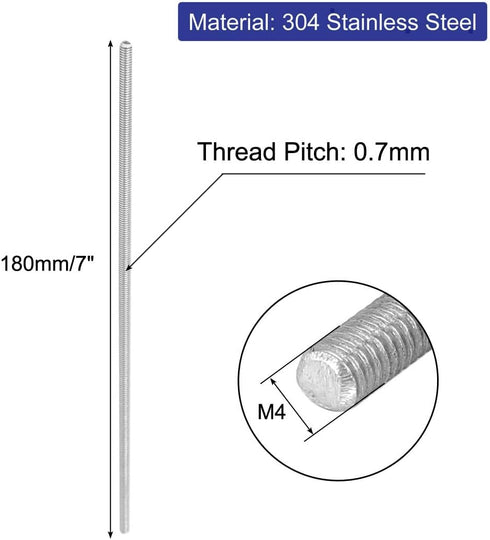 uxcell M4 x 180mm 0.7mm Pitch 304 Stainless Steel Fully Threaded Rods - Silver Tone, 5 Pcs