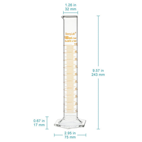 stonylab Graduated Cylinder, 2-Pack B Grade Borosilicate Glass Cylinder with Stable Hexagonal Base, 100 ml