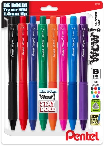 Pentel Wow! Retractable Ballpoint Pen, 1.4mm Bold Line Assorted Ink Colors 8 Pack