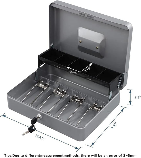 KYODOLED Locking Cash Box with Key, Money Box with Cash Tray, Lightgrey XL Large, 11.81L x 9.45W x 3.54H Inches