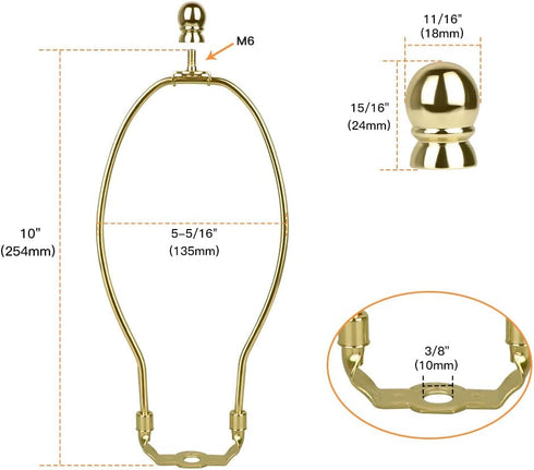 10 Inch Lamp Harp, 2 Set Gold Lamp Shade Holder with Finial, DIY Detachable Replacement Adapter for Table/Floor Lamps