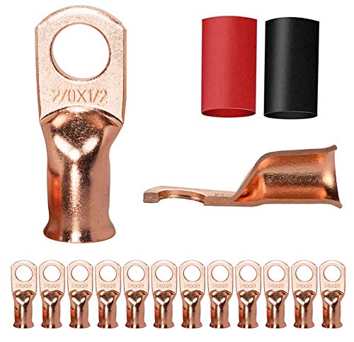 12PCS 2/0x1/2 Copper Ring Terminal Connectors, 2/0 AWG Heavy Duty Battery Cable Ends with 12 PCS 3:1 Heat Shrink Tubing