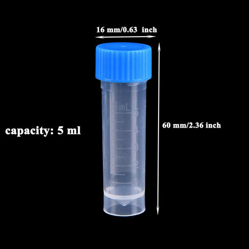 50 Pieces 5 ML Test Tubes Plastic Cryovial Tubes with Blue Screw Caps and Flat Bottom Clear Sample Vial Container Graduated Tube for Science, Labs