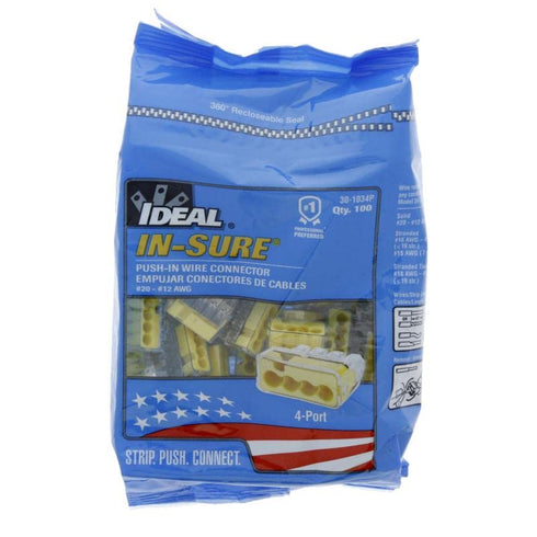 IDEAL Electrical 30-1034P In-Sure Push-In 4 Port Wire Connectors, 12-20 AWG Solid, Yellow (100 Pack)