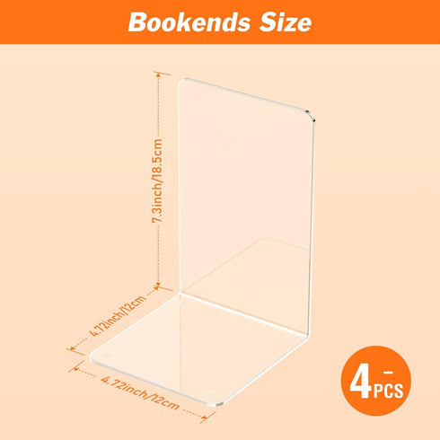 Dooiclear 4 Acrylic Bookends Pcs, Clear Book Ends for Shelves, Transparent Bookend Organizer, Book Holder Stand