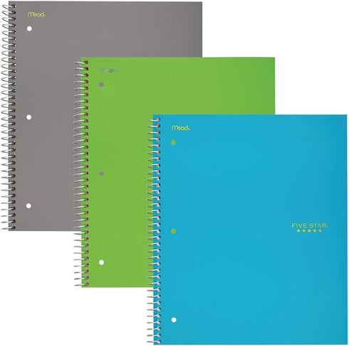 Five Star Spiral Notebooks, 3 Subject, Wide Ruled, 150 Sheets, 10-1/2" x 8", Gray, Lime, Teal, 3 Pack