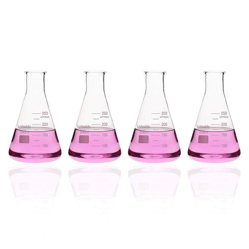 4pcs Narrow Mouth Glass Erlenmeyer Flasks, 250ml, Borosilicate with Printed Graduation