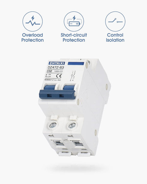DC Miniature Circuit Breaker, 2 Pole 1000V 32 Amp Isolator for Solar PV System, Thermal Magnetic Trip
