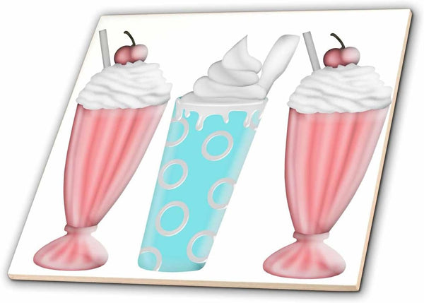 3dRose Two Ice Cream Sundaes and A Milkshake in Pink, Aqua, and