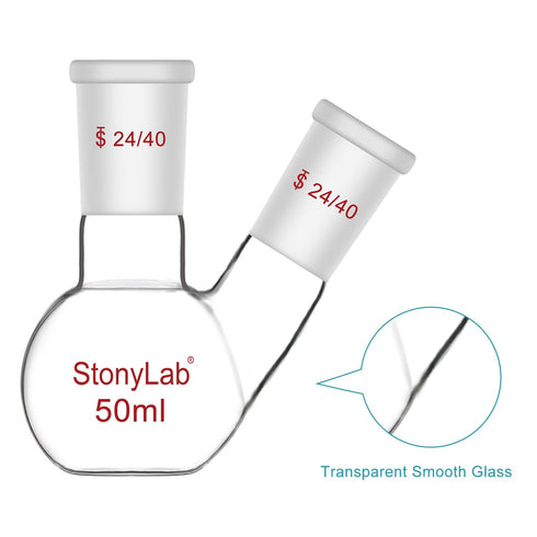 stonylab Heavy Wall Flat Bottom Flask FBF, 2-Neck Borosilicate Glass Boiling Flask, 50 ml, 24/40 Standard Joint