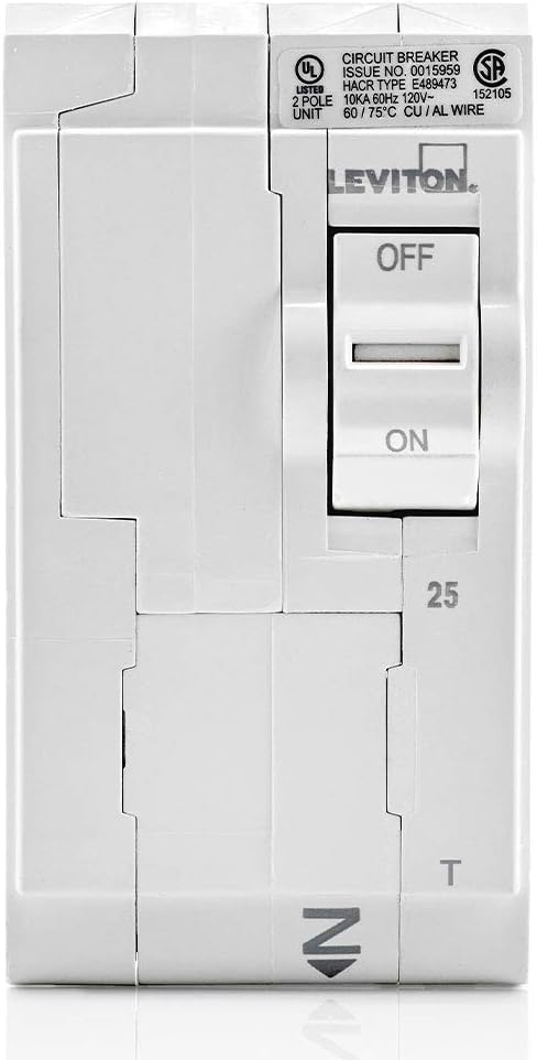 Leviton LB225-T 25A 2-Pole Plug-On Standard Branch Circuit Breaker, Thermal Magnetic, 120/240 VAC, White by Leviton