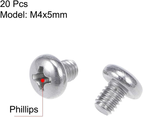 uxcell M4x5mm Pan Phillips Machine Screws, 304 Stainless Steel Fasteners Bolts, 20Pcs