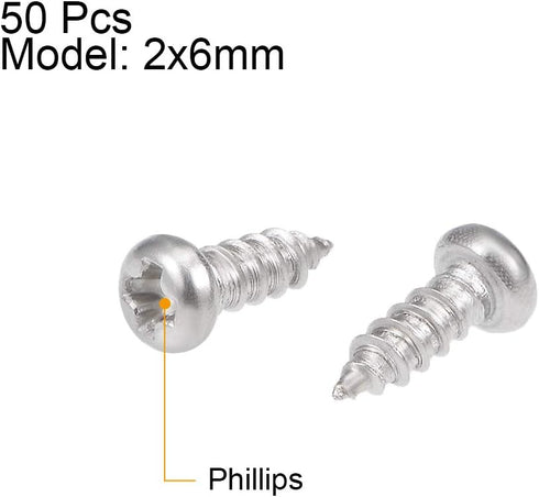 uxcell 50Pcs 2x6mm Self Tapping Screws, Phillips Pan Head Screw, 316 Stainless Steel Fasteners Bolts