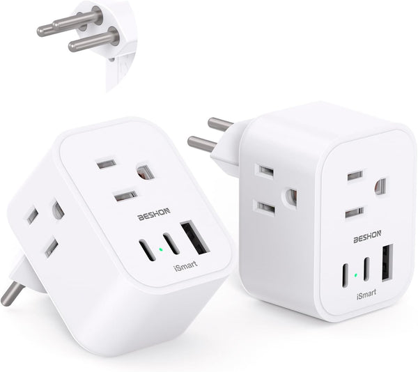 2 Pack Switzerland Travel Plug Adapter, Type J Power Adapter with 3 Outlets, 3 USB Ports for Travel Essentials