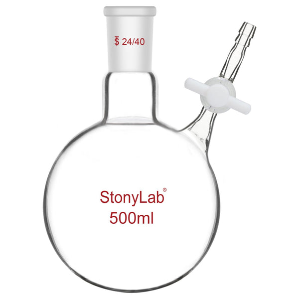 stonylab Borosilicate Glass Reaction Flask, Single-Neck with 24/40 Joint and PTFE Stopcock Valve, 500 ml