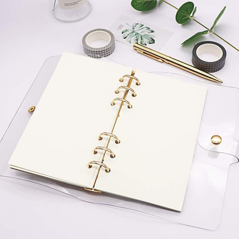 Clear A6 Binder Cover Gold, 6 Rings PVC Binders, Loose Leaf Folders, Refillable Soft Notebook Shell Protector