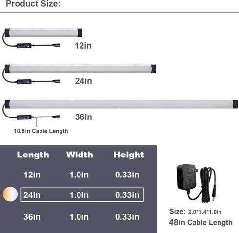 Dimmable Counter, Closet, (24 Inch) Under Cabinet Lighting, Color Temperature Changing LED Light Bar, Daylight to Warm