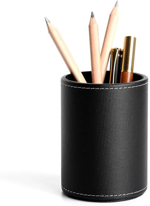 Leather Pencil Holder, Round Black Pencil Case for Office Desk, Home Stationery Organizer