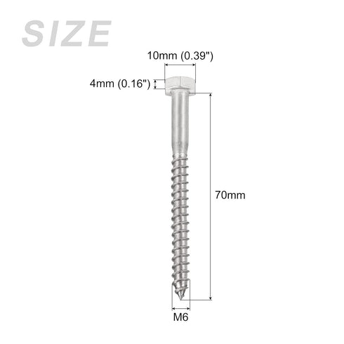Hex Lag Screws (M6x70mm)10Pcs, 304 Stainless Steel Self-Tapping Wood Bolts - for Household Applications