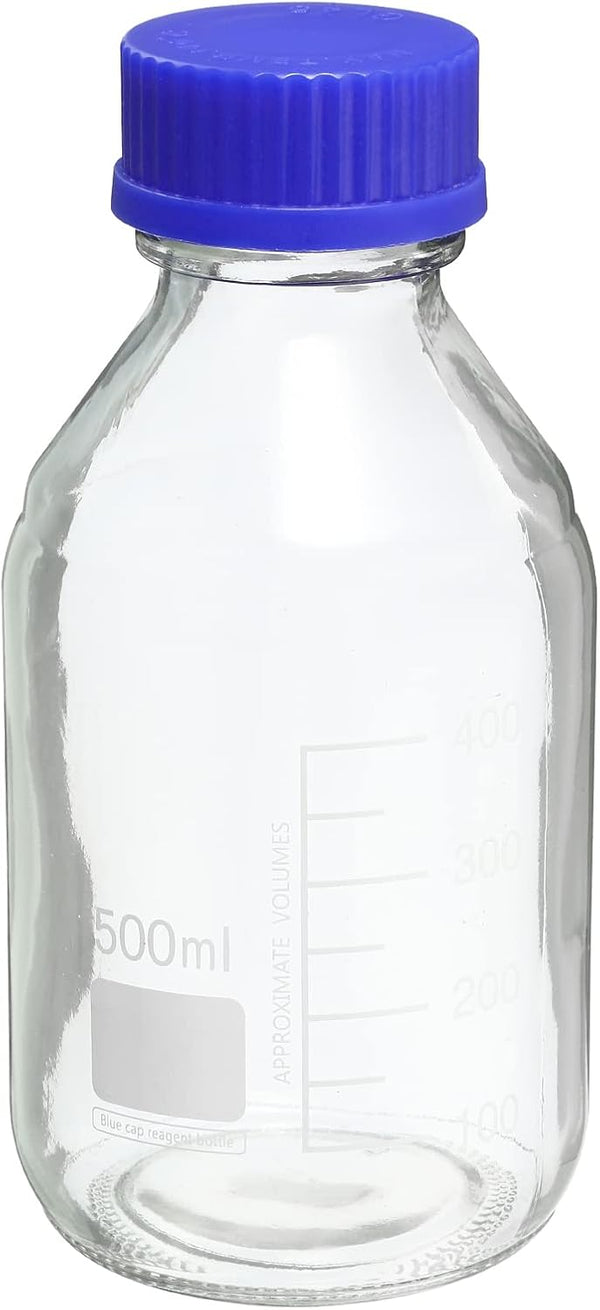 PATIKIL 500mL Round Graduated Glass Reagent Media Bottle with Blue Screw Cap for Chemistry Lab, Clear